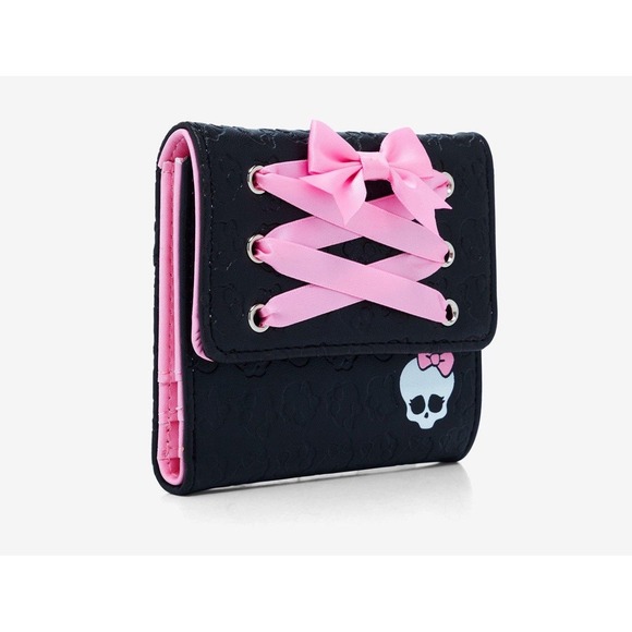 Monster High Wallet Pink Bow Lace Black Skullette Mini Flap Card Holder New - Picture 2 of 5